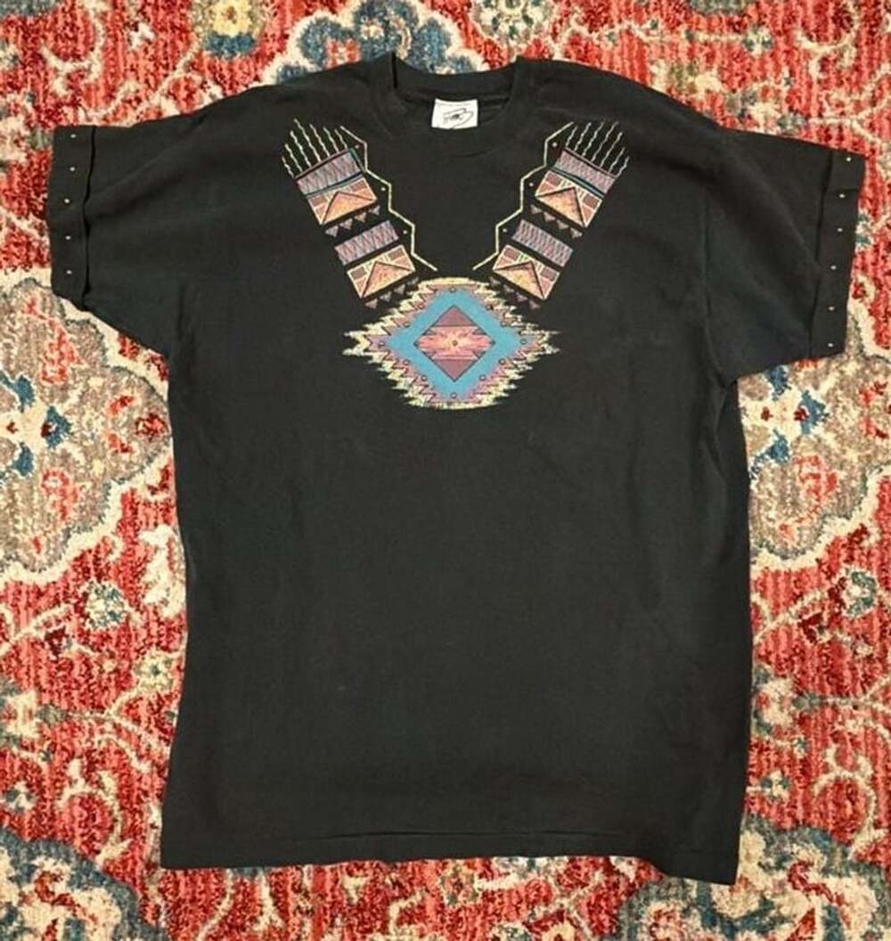 Vintage Buffalo Southwestern Aztec Graphic Black T-Shirt with Rhinestones and Sh